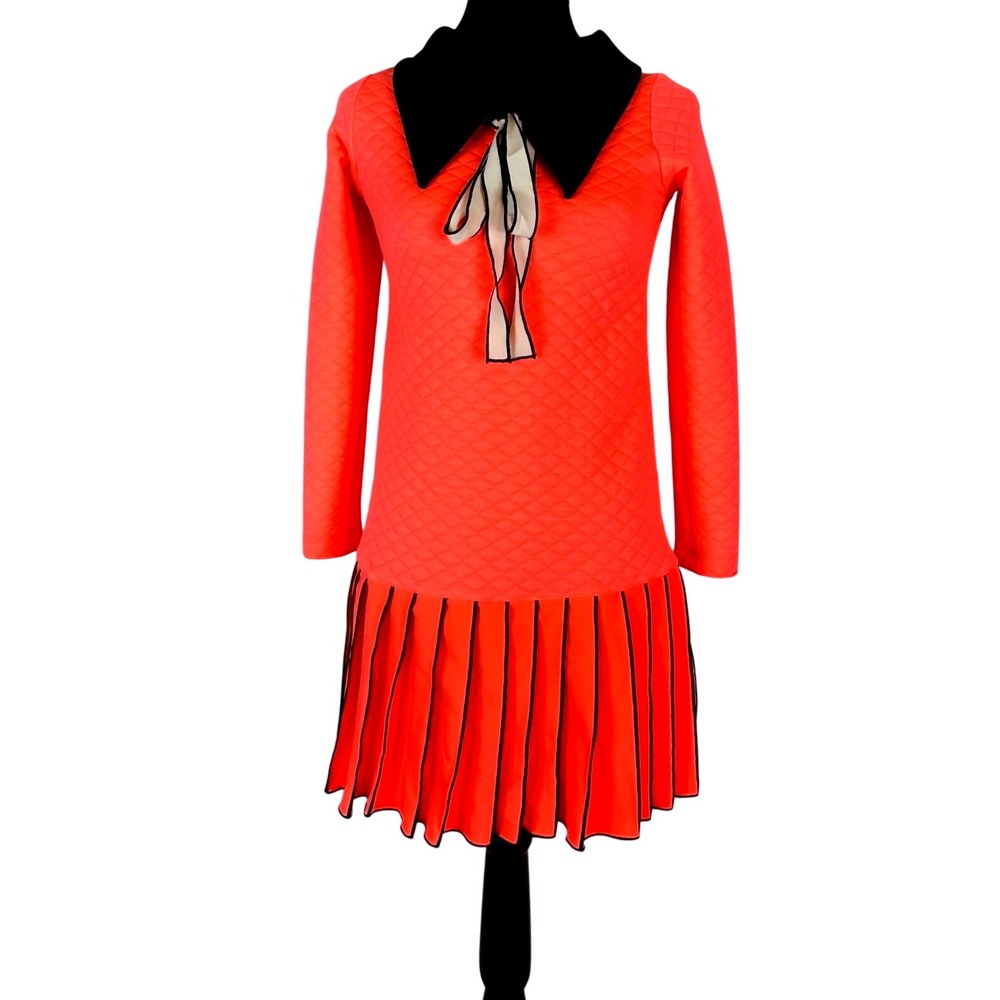 LanOOSH "I am a Lioness" Quilted‎ Collared Dress With Bow Orange Black Pleated